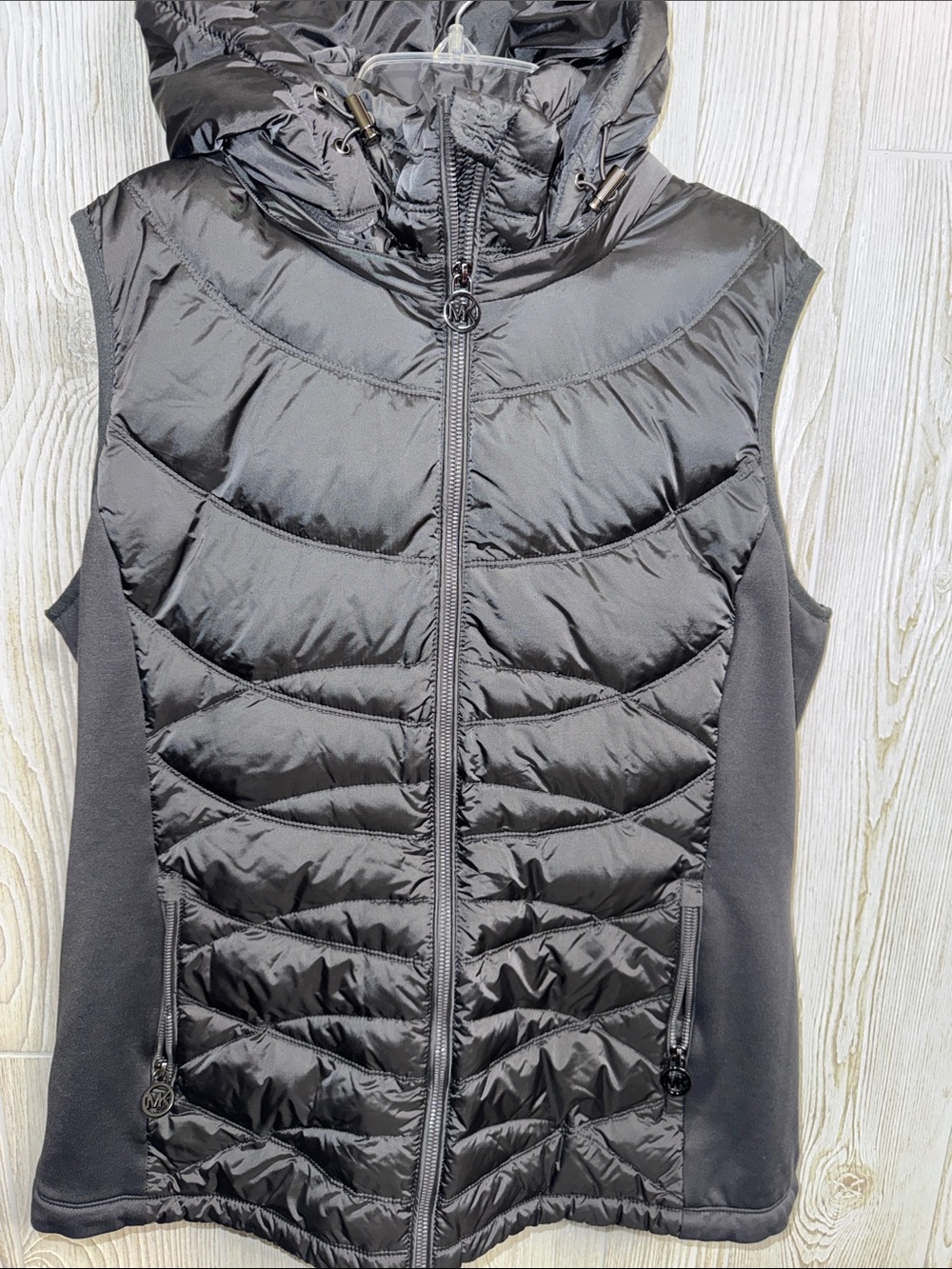 Michael Kors Black/Charcoal Gray packable  Quilted Hooded Vest
